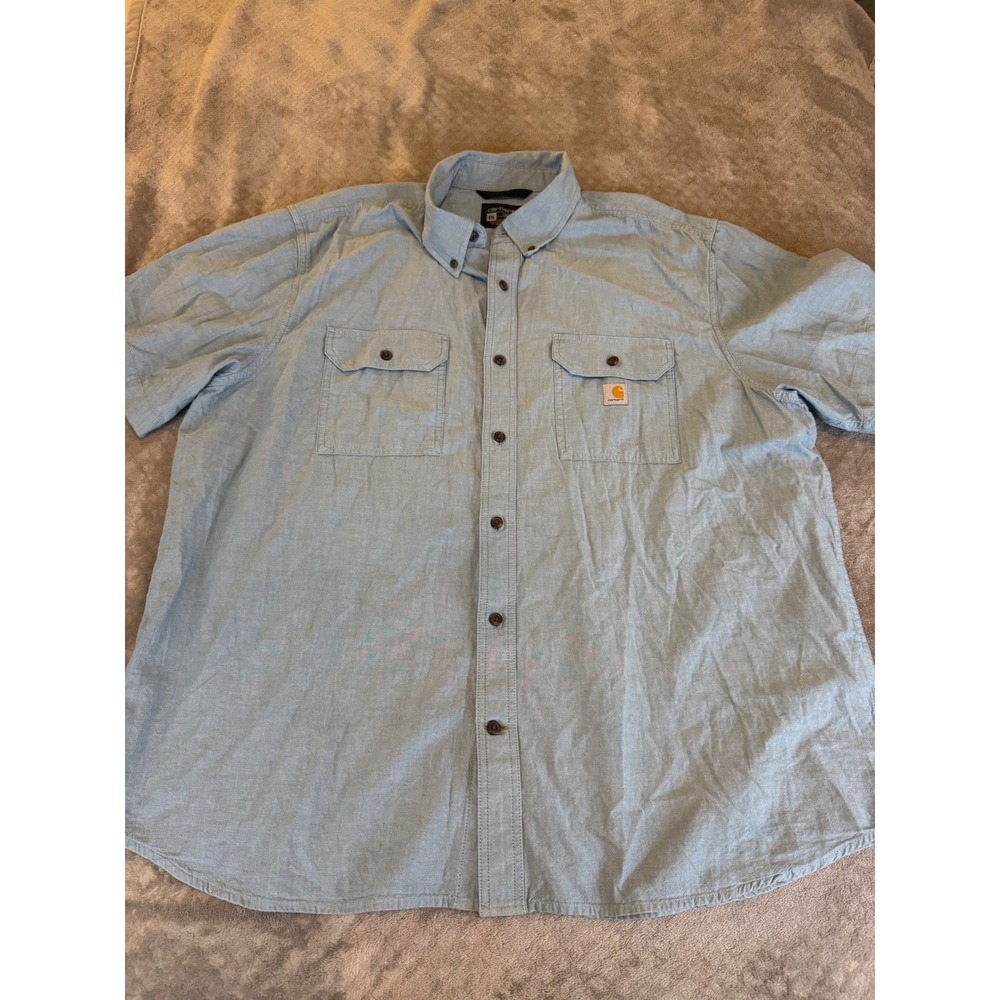 Carhartt‎ Mens Short Sleeve Button Down Shirt Light Blue Chambray Workwear 2XL